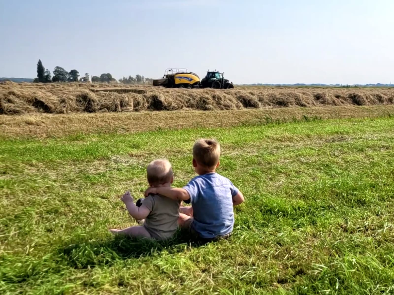 Een prachtig gezicht, de liefde tussen beide broers. Grote broer Ruben (3) vertelt zijn broertje Niels (6 maanden) dat het hooi wordt geperst. - Foto: Lizette van Adrichem