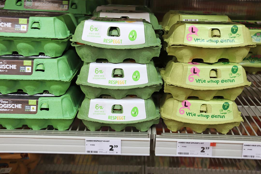 Respeggt-eieren zonder kuikendoden liggen sinds half maart bij Jumbo: meerprijs 20 cent voor 6 eieren. - Foto: Hans Bijleveld