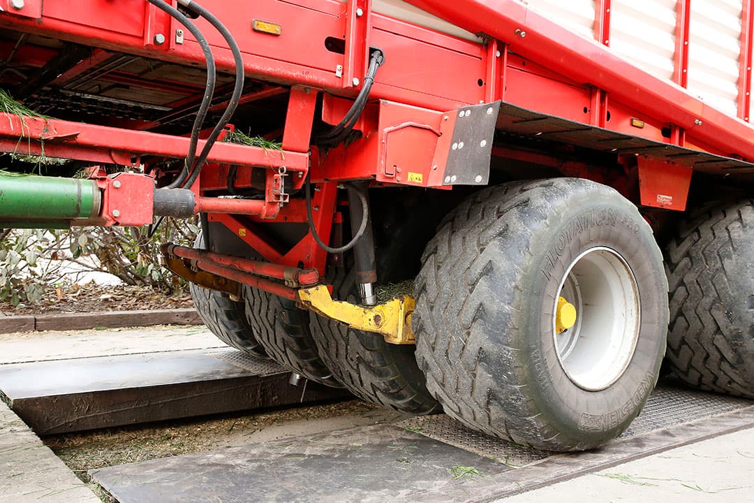 Zolang het weer het toelaat, krijgen de koeien dagelijks vers gras in het rantsoen. Een Pöttinger Jumbo 7210-opraapwagen voorzien van een hydraulisch geveerd tandemstel met acht brede banden haalt dit gras op.