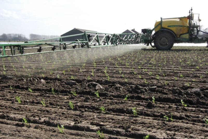Het vliesdoek wordt over het plantbed uitgereden. Zo komt de oude IH McCormick D-326 nog goed van pas.