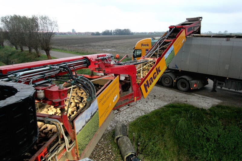 De volgende laadplek is bij Wilco Doeleman in Dreischor. De cichorei ligt hier op het erf bij het bedrijf. De muis moet daarom regelmatig in de juiste positie worden gezet om te kunnen laden. De optimale laadmethode is wanneer het product in een lange hoop parallel langs de weg ligt. Een tussenliggende sloot is geen bezwaar. De muis kan dan zonder manoeuvreren doorgaan met laden. Dan is de laadtijd van een vrachtwagen ongeveer gelijk als die met een kraan. Hier zou de laadtijd met een kraan nu korter zijn.