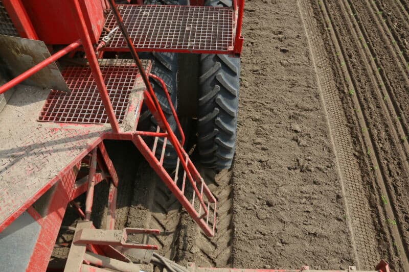 De machine plant 12 rijen tegelijk. Voor de bediening zijn drie mensen nodig: een om de machine te sturen en twee om de planter te vullen. Een medewerker plaatst een tray met plantjes op de geleiders naar het plantmechanisme in de machine.