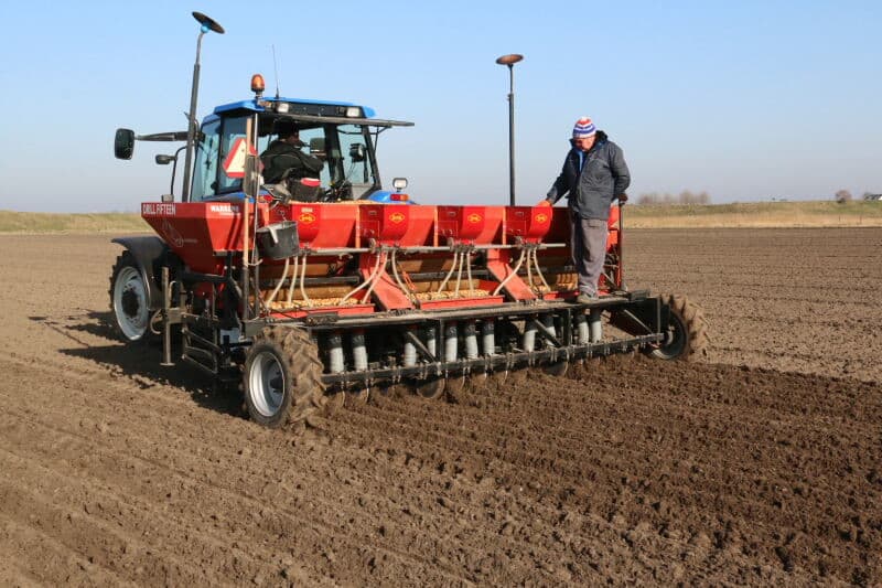 Bij de eerste rondgangen wordt nog even gecontroleerd of de gewenste twintig uitjes per meter worden geplant. Het blijken er 41 op 2 meter te zijn. Dat is duidelijk voldoende, de machine hoeft niet meer bijgesteld te worden.