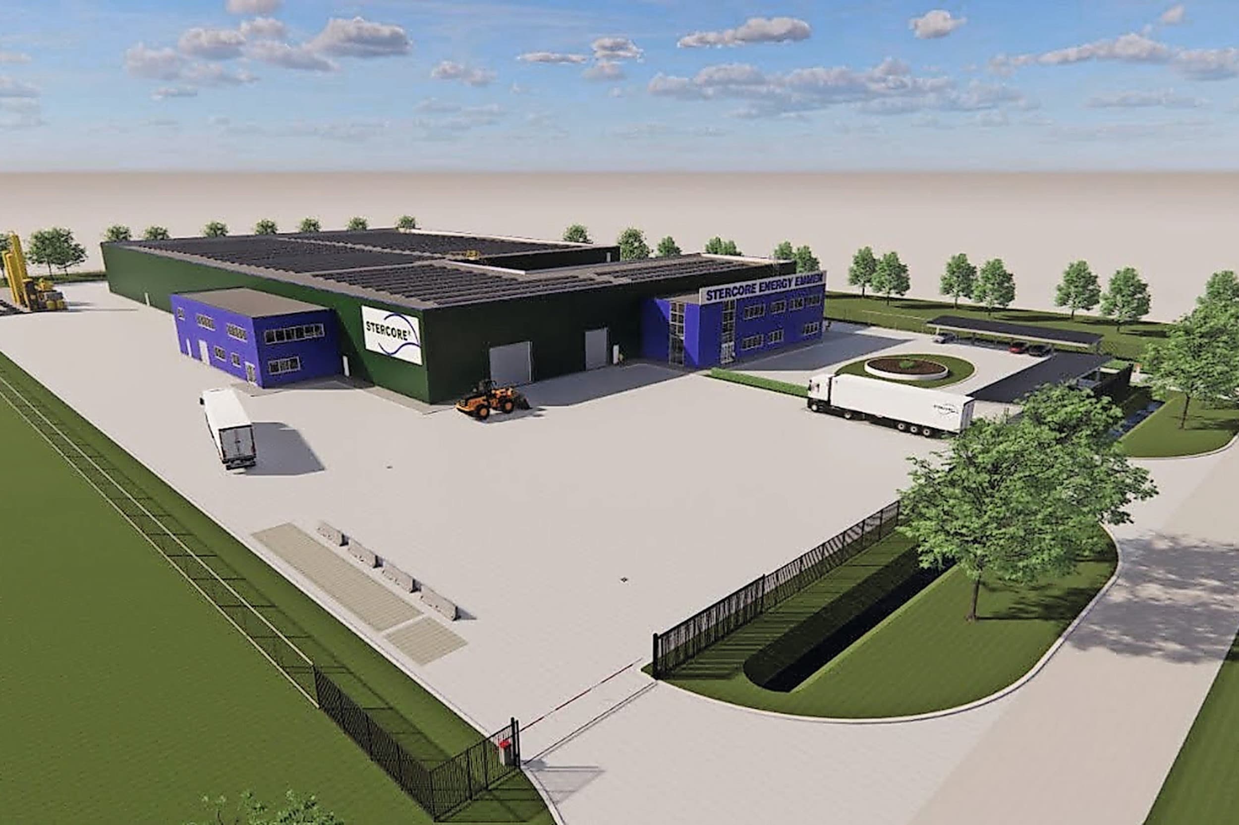 In Emmen wordt gewerkt aan een biomassavergistinfgsfabriek. Impressie: Stercore