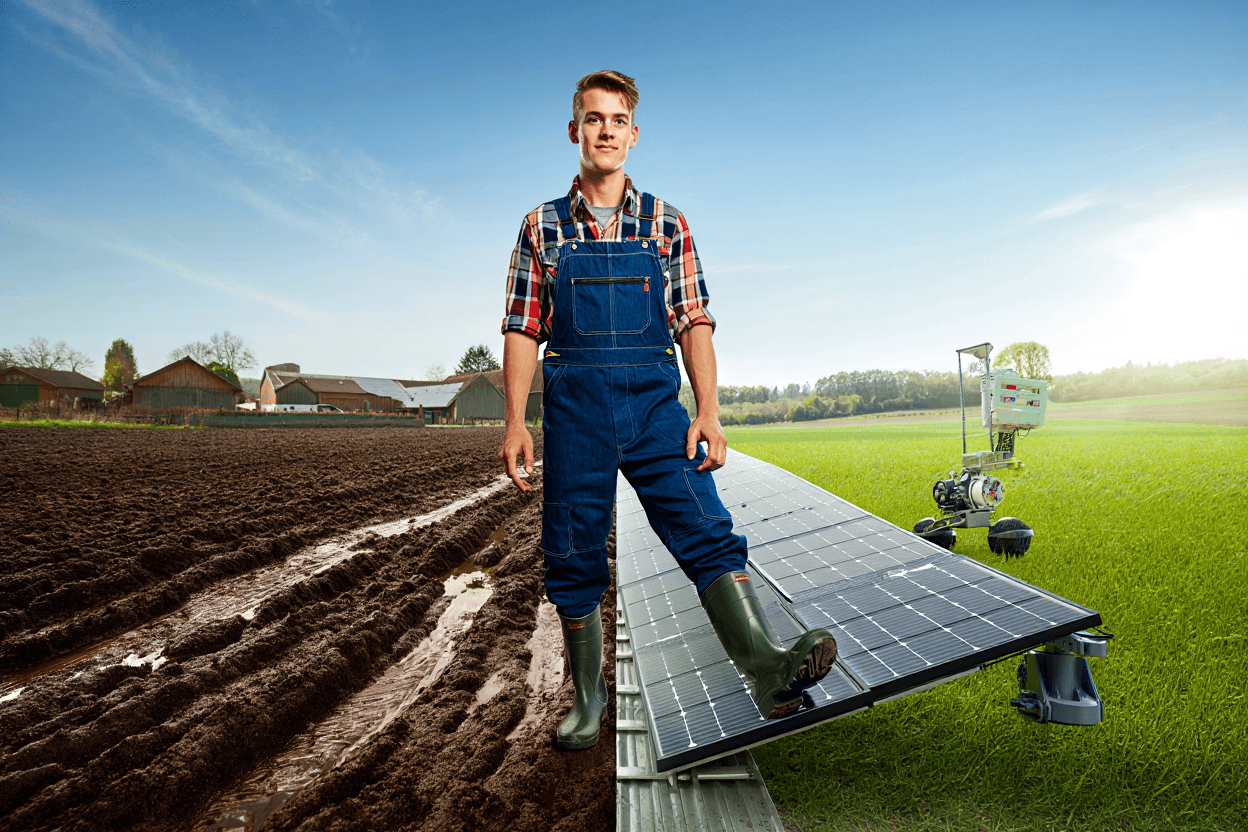 Jonge boer, met één voet in de klein en de ander in de toekomst. Foto: AI-generated via reve.art