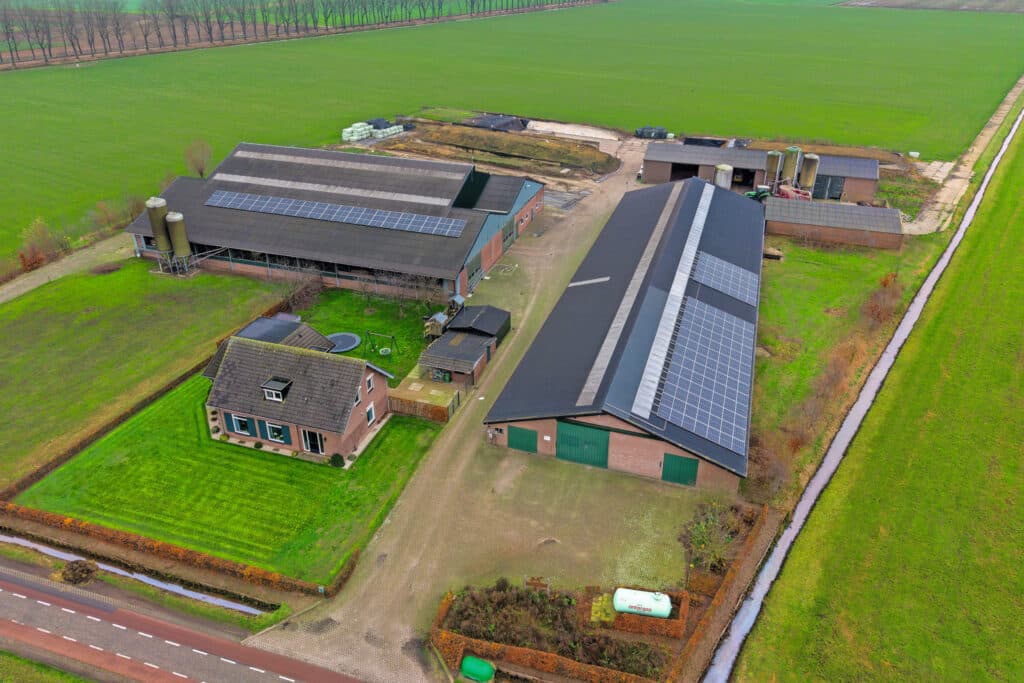 Direct achter het huis is de stal voor de melkkoeien. De oude stal aan de rechterzijde is omgebouwd voor huisvesting van jongvee en droge koeien. Achter de stallen is de voeropslag. Foto: Bert Jansen