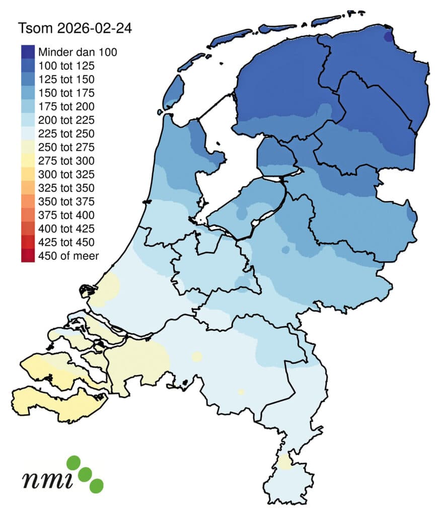 De temperatuursom per gebied, verdeeld in kleurgroepen per 25 graden. NMI deelt elke dag een update van deze kaart. Bron: NMI-Agro