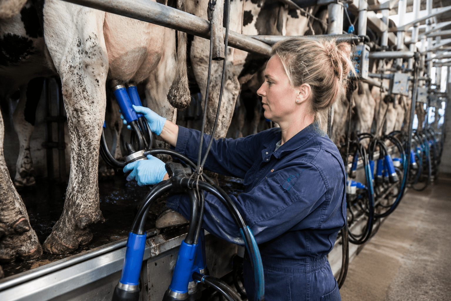 Agrarische vrouwen beginnen vaak met hand-en-spandiensten, maar gaandeweg wordt dat meer. Ze helpen met melken, voeren de kalfjes, doen de administratie, zorgen voor koffie, koken, doen de huishouding en nemen vaak het leeuwendeel van de zorg voor de kinderen op zich. Op het laatst kunnen ze zich afvragen: wilde ik dit eigenlijk wel? Waar is mijn eigen identiteit gebleven? De vrouw op de foto komt niet in het verhaal voor. Foto: Ronald Hissink/bewerking: AI