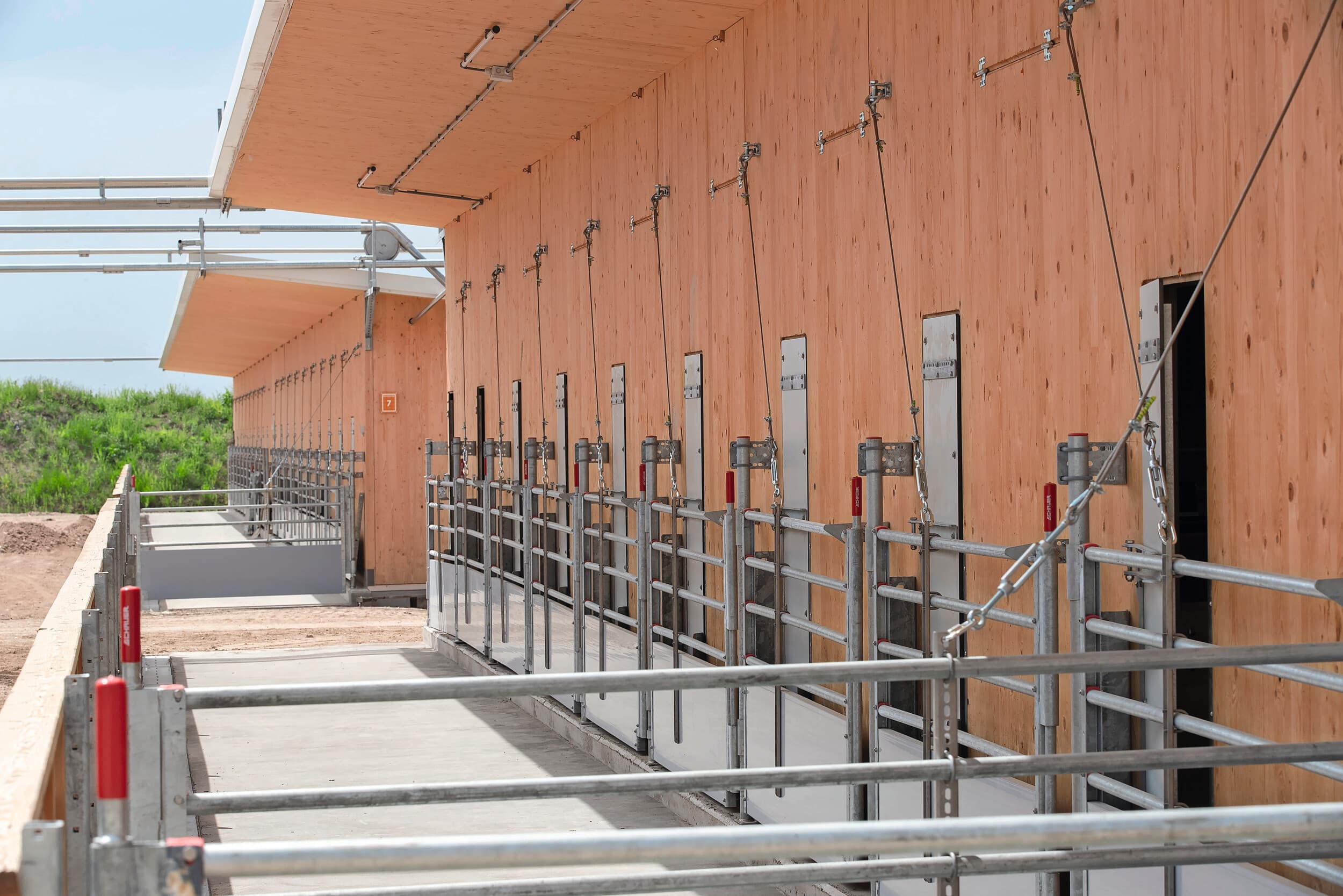 De buitenuitlopen bevinden zich aan de zuidkant van de stallen. De dieren lopen er straks op stro. De hokafscheiding van de buitenuitlopen is inklapbaar. Dat maakt het mogelijk om het instrooien en uitmesten in een werkgang uit te voeren. Foto: Hans Banus