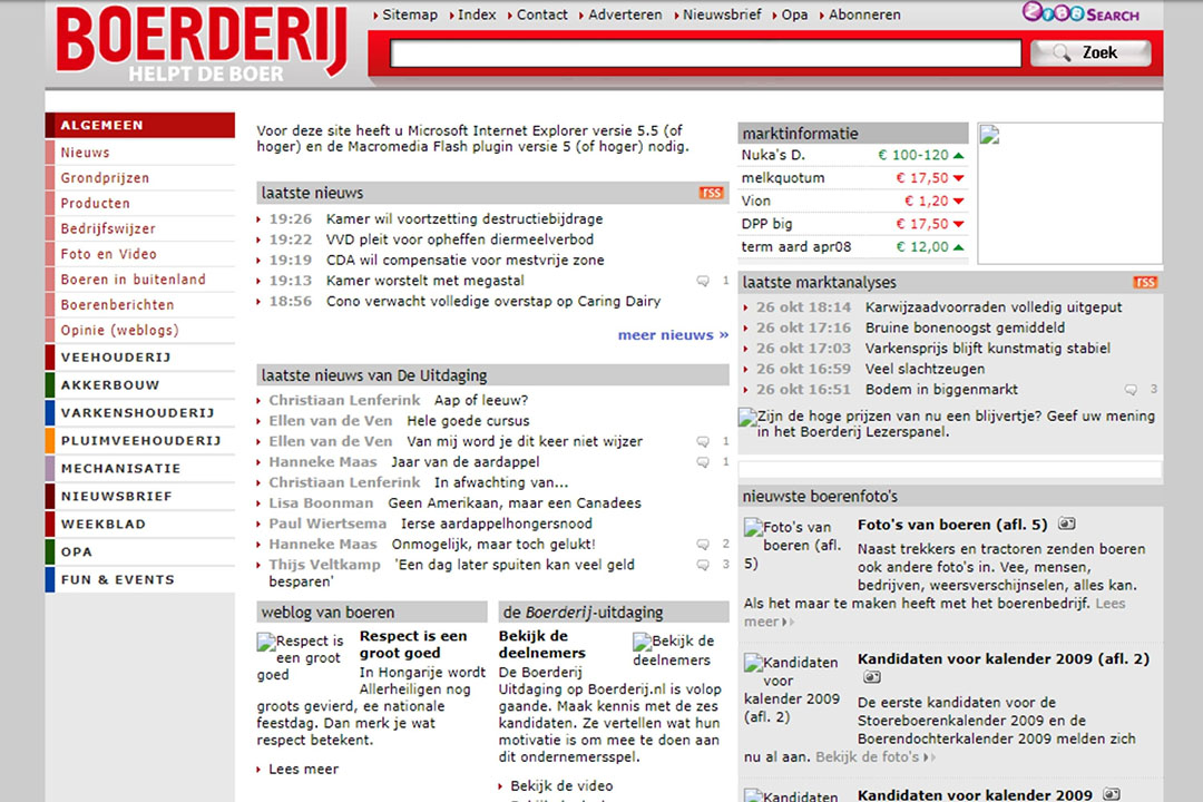 In het verleden stond Boerderij.nl ook al vol met nieuws en achtergronden. Zo zag de homepage er 13 jaar geleden uit.