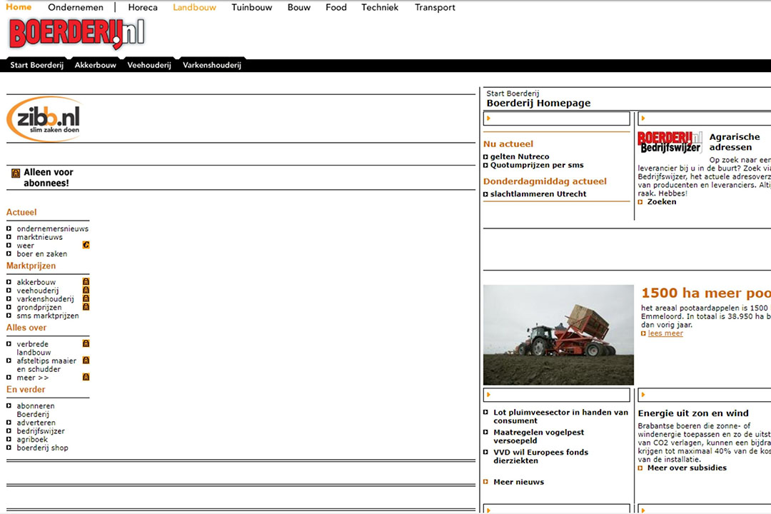 In 1999 startte Boerderij op internet. Het was toen niet meer dan een soort van landingspagina met linkjes naar actuele onderwerpen en artikelen uit vakdelen Rundveehouderij, Varkenshouderij en Akkerbouw. Snel daarna werd de site ondergebracht op het platform Zibb.nl, zoals op deze afbeelding te zien is. - Afbeeldingen: Misset