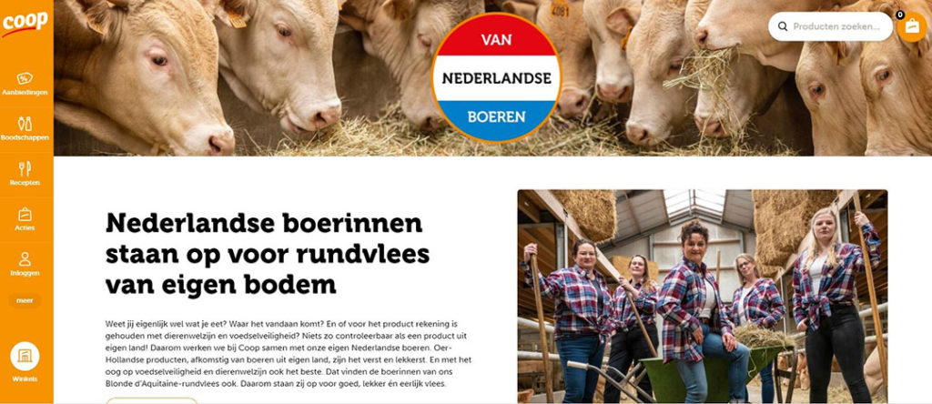 Coop communiceert ook online volop dat het rundvlees van eigen bodem aanbiedt, en biedt de Nederlandse boerinnen die Blonde d’Aquitaine-rundvlees leveren, een podium. - Foto: Screenshot