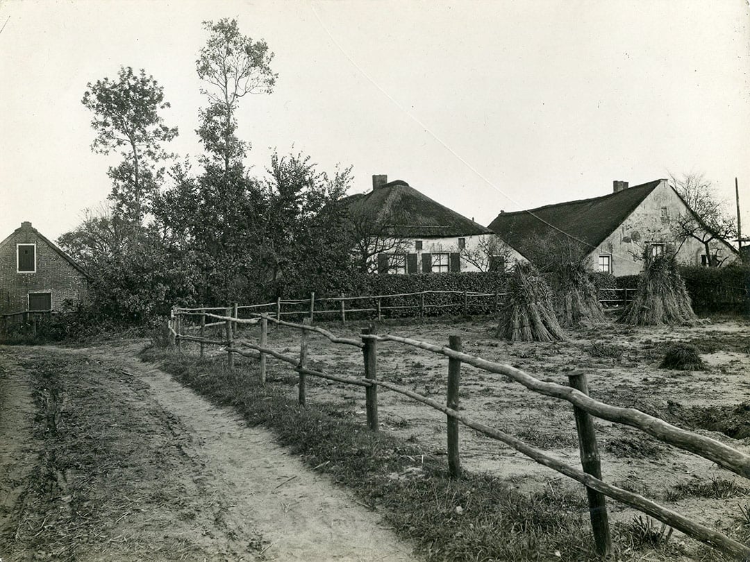 Boerderijen als deze stonden er veel in het Blaricum van vroeger, de afgeschuinde dakconstructie heette een ‘afgewolfd’ dak. Hiermee was de boerderij beter bestand  tegen harde wind, tegelijk bleef onder de kap zoveel mogelijk opslagruimte overeind. Foto: Misset