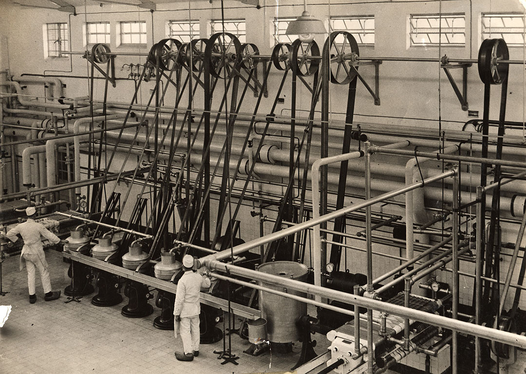 Aangedreven door de drijfriemen halen de centrifuges de room van de melk. Het borduurt voort op de eerste separator die Gustaf de Laval in 1879 ontwikkelde. De karnton kon naar het museum. De seperator slingerde ook de komst van zuivelfabrieken aan.- Foto: Nederlands Openluchtmuseum