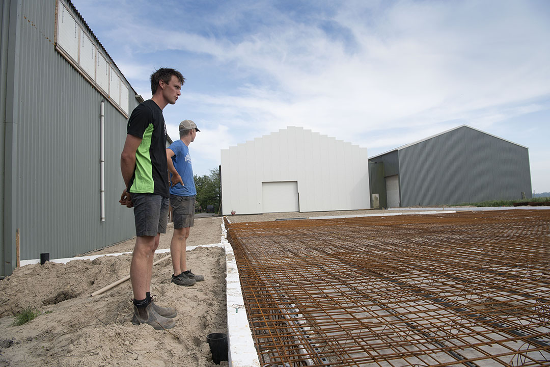 Er is een nieuwe loods in aanbouw. Voor de ene helft zal die dienen voor het bewaren van uien, de andere helft is voor de uienverwerking.