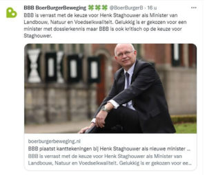Tweet van BoerBurgerBeweging over Henk Staghouwer. - Afbeelding Twitter