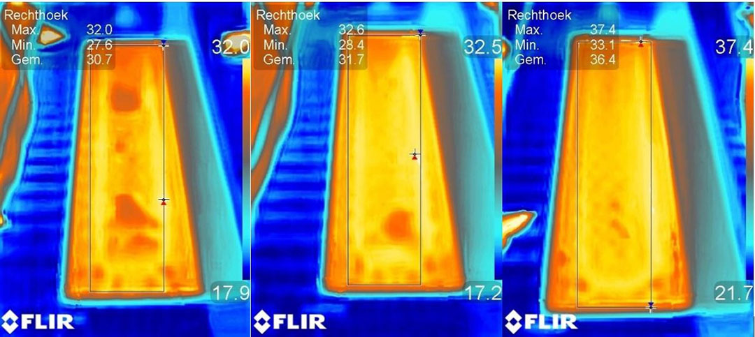 Door met een warmtecamera foto’s van de vloerplaat te maken kan de gemiddelde temperatuur van het biggennest worden bepaald en kunnen koude gebieden in beeld gebracht worden. De gemiddelde temperatuur zonder lamp dient de eerste 4 dagen na de geboorte tussen 34° en 36°C te liggen. - Foto: Hipra