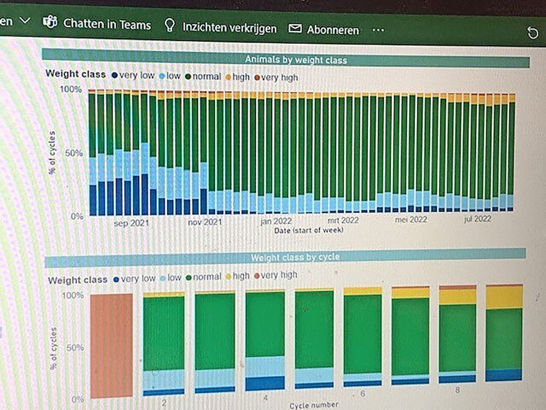 Grafieken geven weer welke zeugen te licht of te zwaar zijn, dit kan op pariteit of periode van de dracht. - Foto: Anne-Marie van der Linde