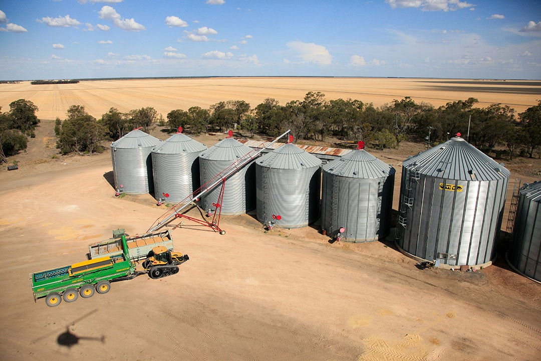 Graan wordt in silo’s opgeslagen. Het graan gaat voor export weg of gaat naar feedlots met vleesvee. Dat is afhankelijk van de prijs.
