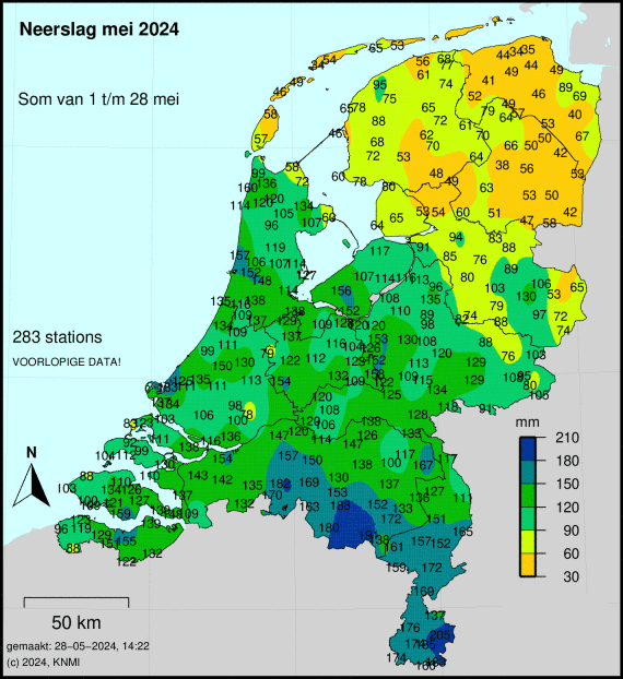 De neerslagkaart van het KNMI tot 28 mei. – Bron: KNMI