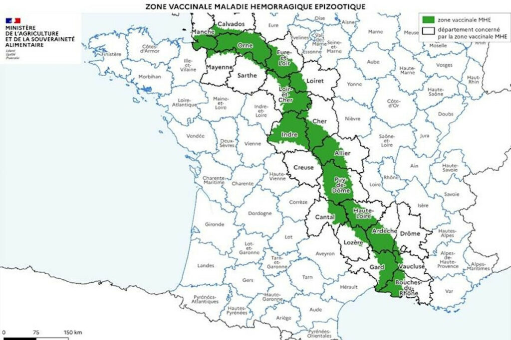 De zone van noord naar zuid waar het Franse ministerie van landbouw gaat vaccineren tegen EHD. – Bron: ministerie van landbouw, Frankrijk.