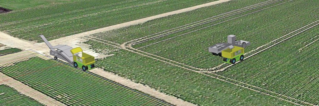 Een visualisatie uit 2016 in opdracht van HWodKa van hun kijk op autonome oogstlogistiek. Terugkijkend komt men tot de conclusie dat de ideeën te vroeg kwamen. Elementen eruit zijn inmiddels wel in gebruik. Zoals drukwisselsystemen en vaste rijpaden. Foto: Nico Rodenbrug