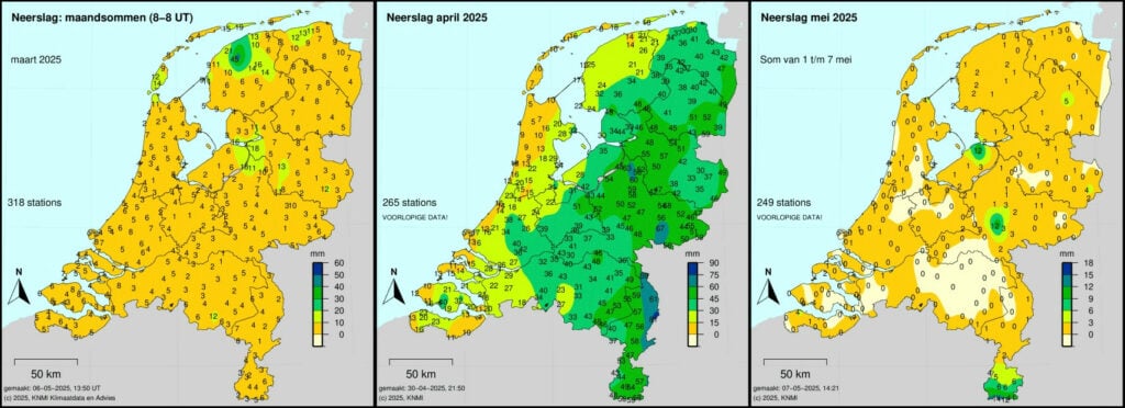 Van links naar rechts: de maandelijkse neerslagsom in de maanden maart, april en mei (tot en met 7 mei). Bron: KNMI