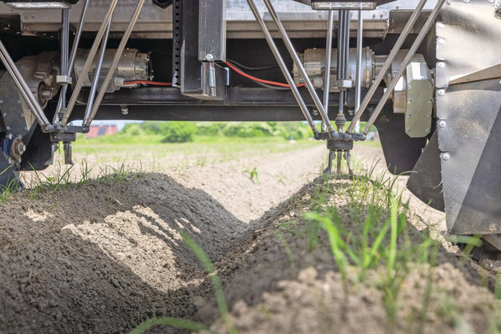 De Maverick van Odd.Bot wiedt mechanisch met grijparmen. Op basis van onkruidherkenning met ai, drukken de grijparmen kleine onkruidjes in de rug of het bed. De grotere onkruiden worden door de grijparmen uit de grond getrokken. Foto: Peter Roek