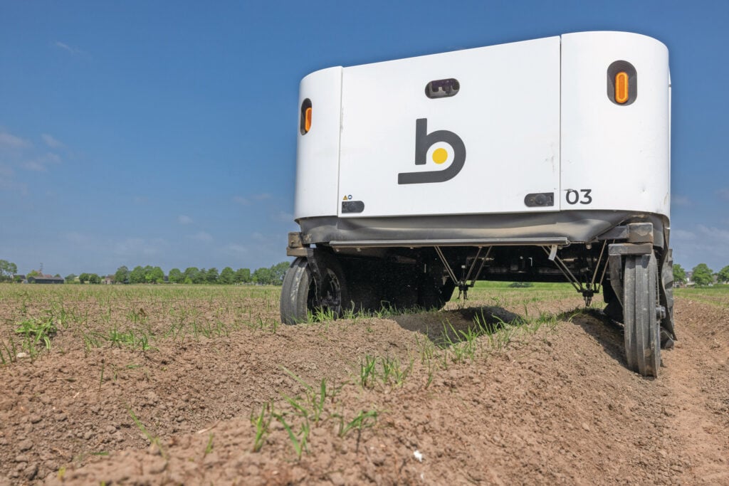 De Maverick van Odd.Bot verwijdert onkruiden in een uienperceel van biologisch-dynamisch landbouwbedrijf Meulwaeter in Kruiningen. “Arbeid blijft schaars en robots nemen veel arbeidsintensief werk over”, zegt Emiel van Hootegem. “En ze blijven dag en nacht heel precies werken.” Foto: Peter Roek