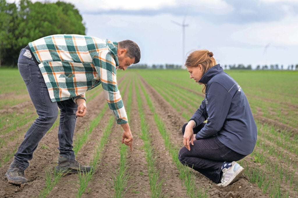 Meerse bekijkt samen met NPPL-expert Sophie Wildeboer een perceel zaaiuien. Hij focust bij het spotsprayen op het tegengaan van grassen in onder meer ui. Deze middelen hoeven volgens de akkerbouwer niet op een specifiek moment te worden ingezet, wat meer flexibiliteit biedt bij de inzet van deze toepassing.