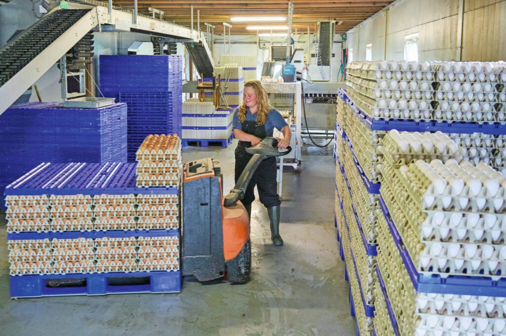 Femke bezig in het eierpakstation. Het werk gaat altijd door, ook op zondag. Daardoor lukt het niet altijd om een voetbalwedstrijd te spelen. ‘Gelukkig is er begrip voor.’