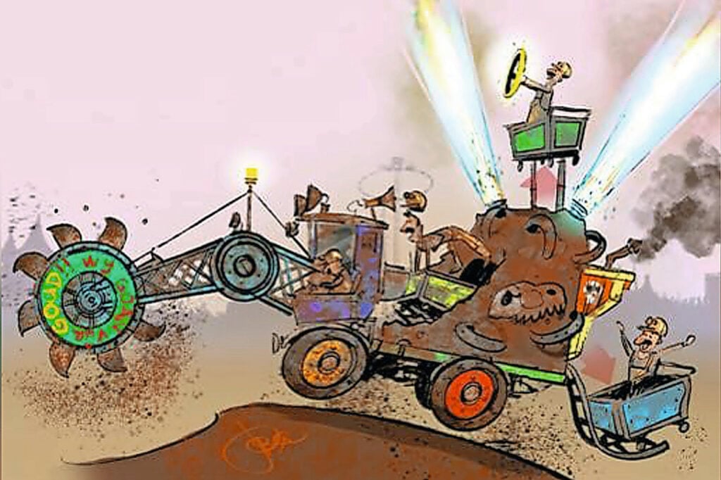 De schets laat zien hoe de wagen eruit moet komen te zien. Het thema is ‘Wij gaan voor goud.’ De wagen wordt een soort mijnbouwmachine, inclusief graafwiel.
