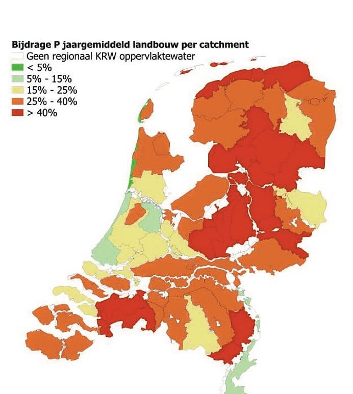 De bijdrage van de landbouw aan de fosforconcentratie in het oppervlaktewater. Bron: WUR