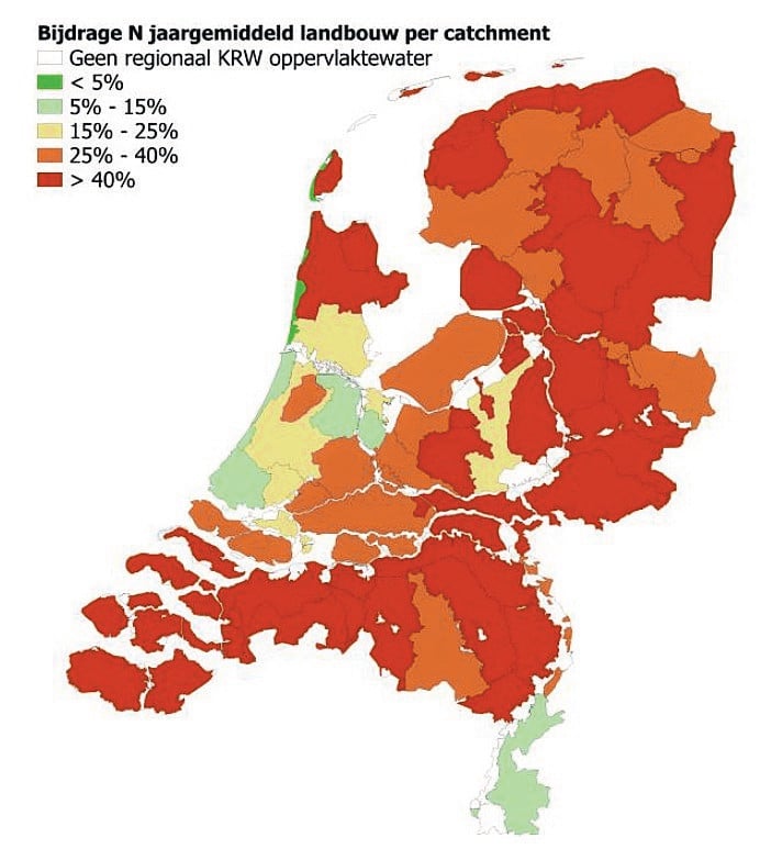 De bijdrage van de landbouw aan het nitraat in het oppervlaktewater. Bron: WUR